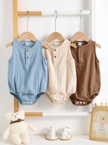 SHEIN Set de 3 piezas de bodis sin mangas de algodón de unicolor para bebé recién nacido niño, paquete básico para verano, body de burbuja para bebé, ropa neutra para bebé recién nacido niño/niña