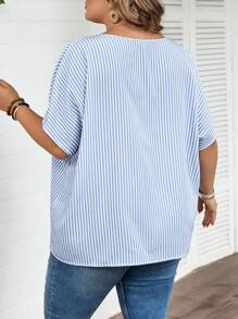SHEIN CURVE+ Plus Size Striped Print V-Neck Front Button Casual Short Sleeve Shirt Summer/Country/Beach Vacation/Beach Wear - Blue and White - View 2