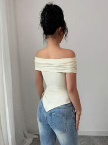 SHEIN Raffinéa Áo thun nữ hở vai tay ngắn bó sát khi đi làm, mùa hè - Màu be - Xem 2