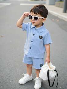 2pcs/Set Young Boy Casual Short Sleeve Shirt + Shorts Outfit, Suitable For Daily Wear, School, Travel, Outdoor Play, Summer Season