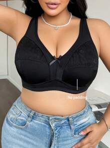 SHEIN Sujetador de encaje con parches y decoración de lazo, unicolor, cómodo para tallas grandes