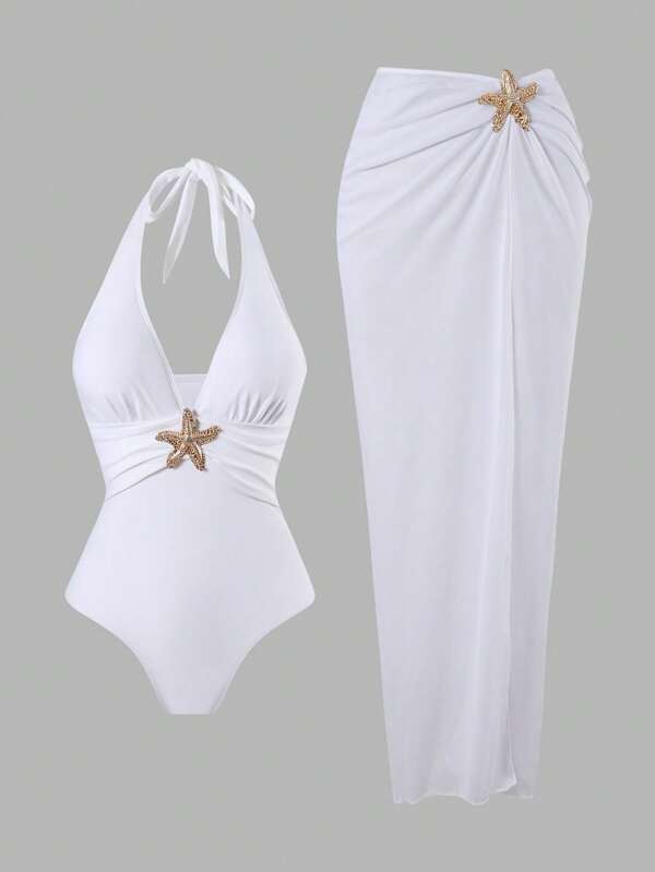 Swim Oasis 2 buc/set nou 2025 femei culoare solidă halter monokini & plasă rochie lungă plajă resort vară costum de baie ținută