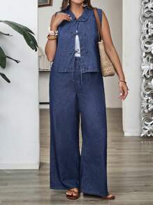 EMERY ROSE 2 Stücke Damen Große Größen Set aus Ärmellosen Top mit Schleife und Jeans Hose