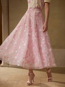 MOTF PREMIUM 花朵刺绣飘逸短裙 - 粉色 - 查看 1