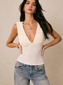 Poéselle 女士褶皱拼接杏色上衣，女士纯色纹理面料V领无袖背心，夏季百搭单品 - 杏色 - 查看 1