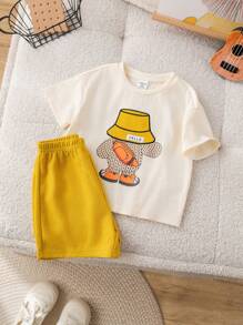SHEIN 2pcs Baby Boys' Casual Summer Outfit Set - Letter Graphic Short Sleeve Top And Elastic Waist Shorts Yellow Baby Outfit - Multicolor - View 7