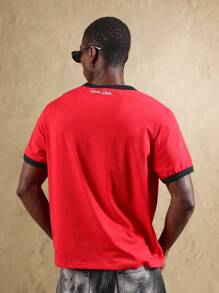 SUMWON قميص قصير الأكمام من القطن بتصميم رقم الفريق الكلاسيكي لفرق الجامعات، بناطيل رياضية نحيلة،ملابس كاجوال للشارع - الأحمر - مشاهدة 3