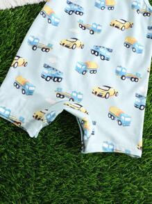 SHEIN 3件套新生男婴休闲可爱卡通汽车和条纹印花连体衣，夏季基本款多件装 - 綠色 - 查看 7