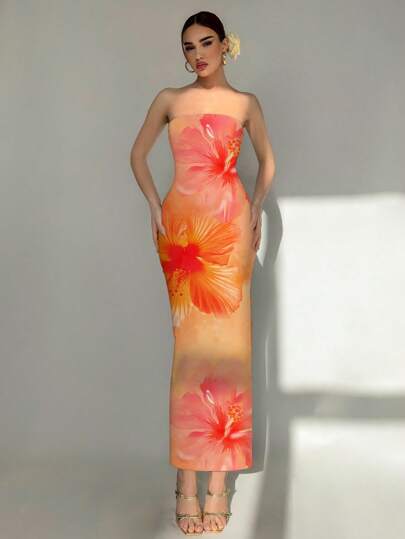 Aloruh Women's Elegant Vacation Fitted Bandeau Orange Vacation Hibiscus Floral Pattern Dress, Suitable For Beach/Vacation/Elegant/Romantic Date/Music Festival/Tropical Vacation Floral/Graduation Dress,Bohemian Clothes,Bodycon Dress Suitable For Going Out Chic Dress