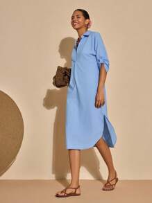 Bóhologie Vestido midi casual de manga enrollada con abertura de unicolor, versátil para el verano