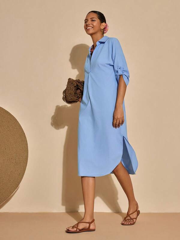 Bóhologie Einfarbiges Midi-Kleid mit Schlitz und hochgekrempelten Ärmeln, vielseitig einsetzbar für den Sommer