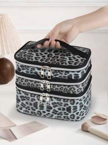 N_Standard Bolso de maquillaje grande de 3 capas con estampado de leopardo, estilo Y2K, multiusos, para verano