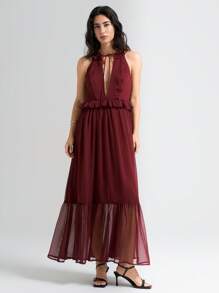 Ontre 2025 Summer Women's Sleeveless Solid Color Ruffled Tie Neck Sheer Mesh Hem Dress, Elegant Party Dress Suitable For Independence Day, Vacation, Beach, Casual, Graduation, Wedding Guest, Memorial Day, Prom, Versatile Daily Commute - Burgundy - View 4