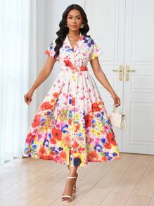 SHEIN LUNE 女式花卉印花翻领短袖系带A字连衣裙，春夏 - 彩色 - 查看 1
