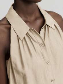 Ontre 2 件套女士度假风格套装，羊毛混纺人造丝材质芥末黄无袖翻领衬衫和阔腿裤套装，百搭 2025 年春夏新品