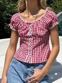 SHEIN EZwear 夏季红色格子休闲梭织衬衫