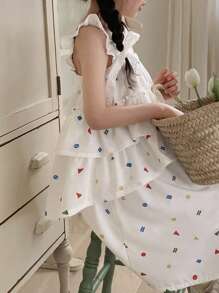 DAZY 2pcs/Set Young Girl Casual Polka Dot Ruffle Trim Top And Skirt Set, Summer - White - View 5