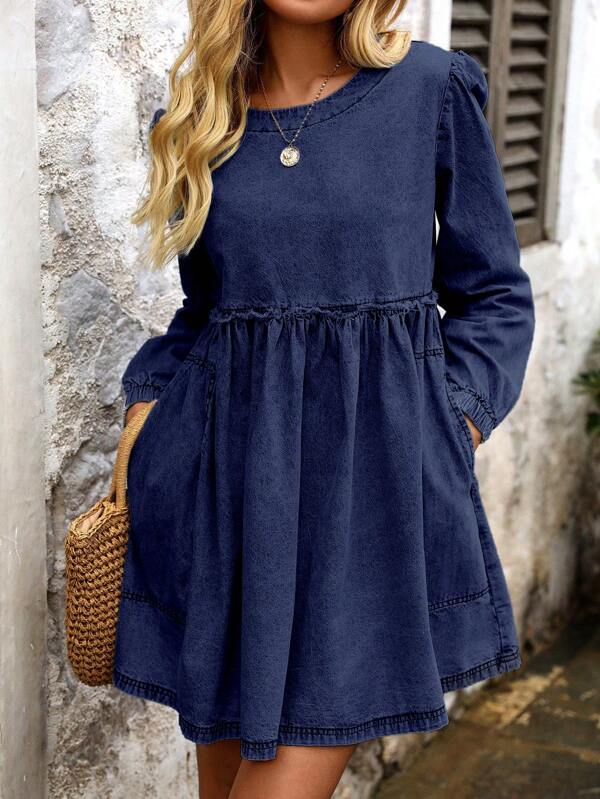 Breezaya Women's Round Neck Long Sleeve Ruffle Hem Pocketed Casual Denim Pinafore Dress
