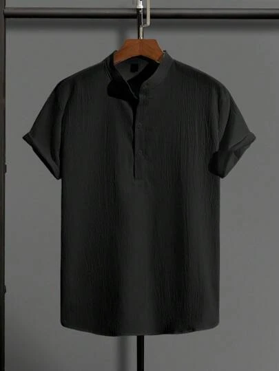 Manfinity Homme 男士夏季纯色黑色短袖休闲半襟衬衫