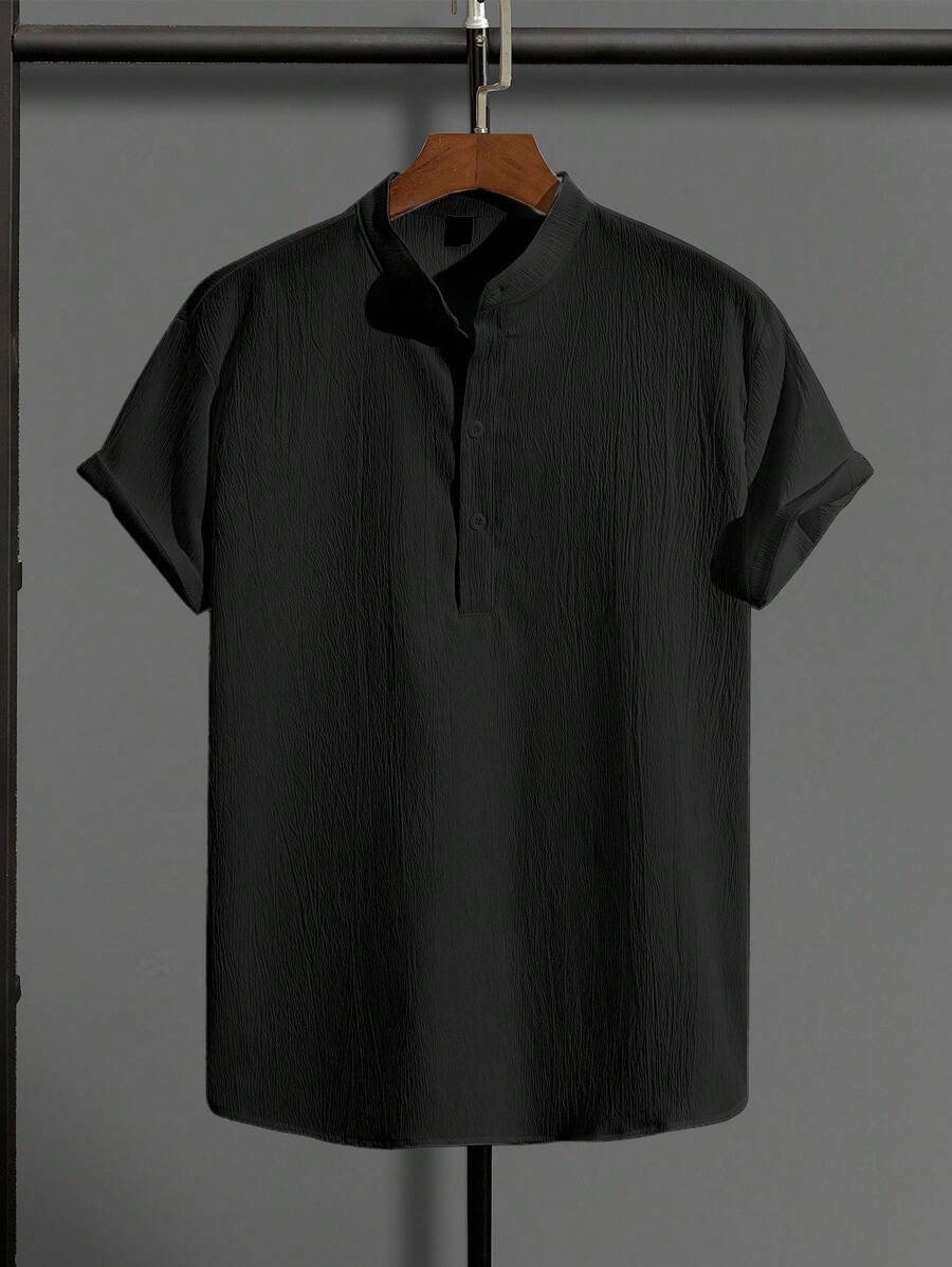 Manfinity Homme Áo sơ mi nam tay ngắn màu đen trơn mùa hè, dáng rộng, dáng rộng - màu đen - Xem 1