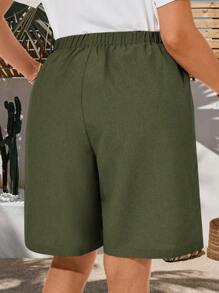 EMERY ROSE Bermudas de verano de unicolor para mujer talla grande, unicolor, con bolsillos laterales, sueltas, hasta la rodilla, cintura media, estilo básico de moda - Verde militar - Ver 2