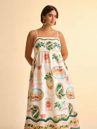 CAJUNI 大码女式波西米亚风热带印花宽松假日休闲长裙