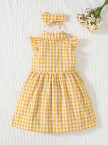 SHEIN Playful Pals 黄色格子盖袖休闲夏装，百搭日常穿着