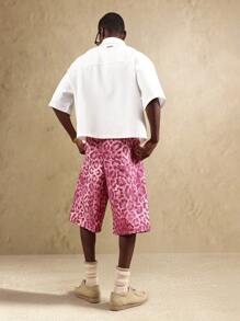 SUMWON 破洞豹纹运动百慕大短裤夏季度假抽绳休闲阔腿溜冰运动裤 - 粉色 - 查看 5
