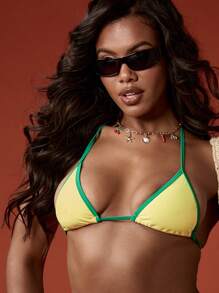 MISSGUIDED Top de bikini triangular para verano, natación, uso deportivo con ribete de contraste, para vacaciones y resorts