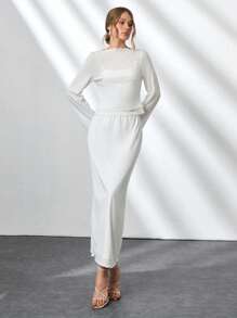 CLARA VERO Woman Solid Color Textured Knitting Fabric Co Ords Top And Blouse Long Sleeve Flare Lace Ended Lace Hem Blouse Top And Midi Long Skirt Spring Summer Bridal - White - View 7