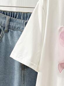 SHEIN Conjunto de camisetas a juego "Mamá y yo", camiseta casual cómoda de mujer con cuello redondo y manga corta, con lazo estampado y lazo de malla, amor madre-hija, regalo del Día de la Madre - Blanco - Ver 7