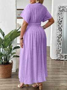 SHEIN Holidaya Plus Size Women Shirred Short Sleeve Embroidered Frill Trimmed Waisted A-Line Maxi Vacation Dress