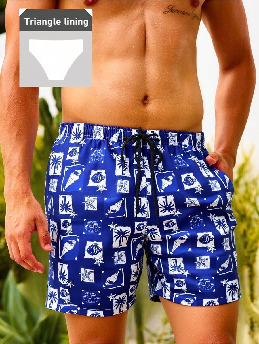 Surfspeed Herren Sommer Lässig Strandshorts mit elastischer Taille, Kordelzug und Vollaufdruck - marineblau - Übersicht 1