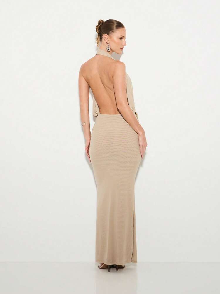KIZN Elegant Halter Neck Ruched Backless Maxi Dress