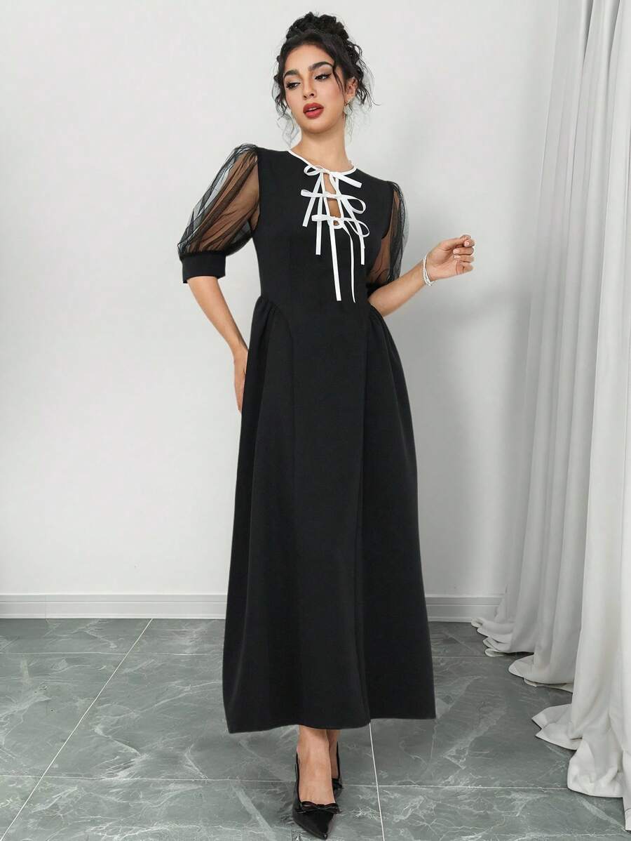 Modelyn Women's Fashion Solid Color Mesh Sleeve Tie Front Split Hem Dress