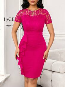 SHEIN Lady Wedding Guest Dress Lace Splicing Ruffled Women's Hip Skirt Work Party Women's Dress - Hot Pink - View 7