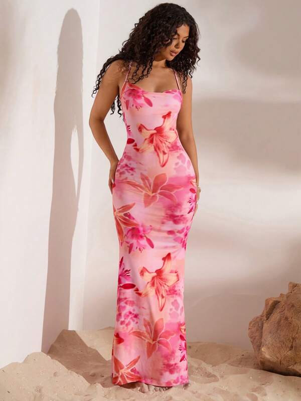 Opulessa Women's Deep Draped Neck Backless Vacation Floral Print Maxi Knit Dress,Bodycon Dress