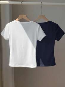 Comfortcana 2pcs Solid Color Embroidered Henley Neck Slim Fit Short Sleeve T-Shirts, Summer