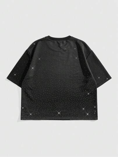 Street Life Men's Loose Batwing Shiny Rhinestone Decor T-Shirt, Rave, Halloween
