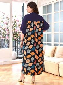 Lacomfia Vestido largo con cintura entallada, estampado de hojas y patchwork, talla grande - Morado - Ver 2