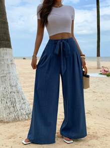 DAZY Women's Summer Wide Leg Loose Casual Tie-Waist Pants - Blue - View 3