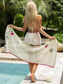 Swim Mod 年轻女士钩编蕾丝花卉和服罩衫，度假风格 - 米色 - 查看 2