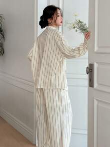 DAZY Women Striped Print Shirt And Wide-Leg Pants 2 Pieces Set, Casual Summer Outfit Lounge Sets For Women - Beige - View 2