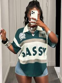 Slaydiva 2025新款春夏休闲街头学院风翻领POLO领短袖撞色杏色领落肩俏皮字母印花条纹25数字复古图案印花杏绿色针织女T恤-A - 彩色 - 查看 5