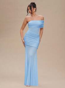 SHEIN BAE 女士夏季服装纯杏色褶皱性感透视长裙，女士夏季连衣裙舞会礼服/婚礼宾客礼服女士/毕业礼服女士生日礼服 - 淺藍色 - 查看 4