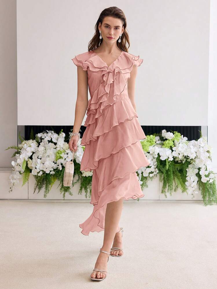 MOTF Soiréza V-NECK LAYERED RUFFLE ASYMMETRICAL HEM TIE BACK DRESS