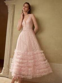 MOTF PREMIUM LACE MESH PANEL LAYERED RUFFLE HEM COCKTAIL DRESS - Baby Pink - View 1