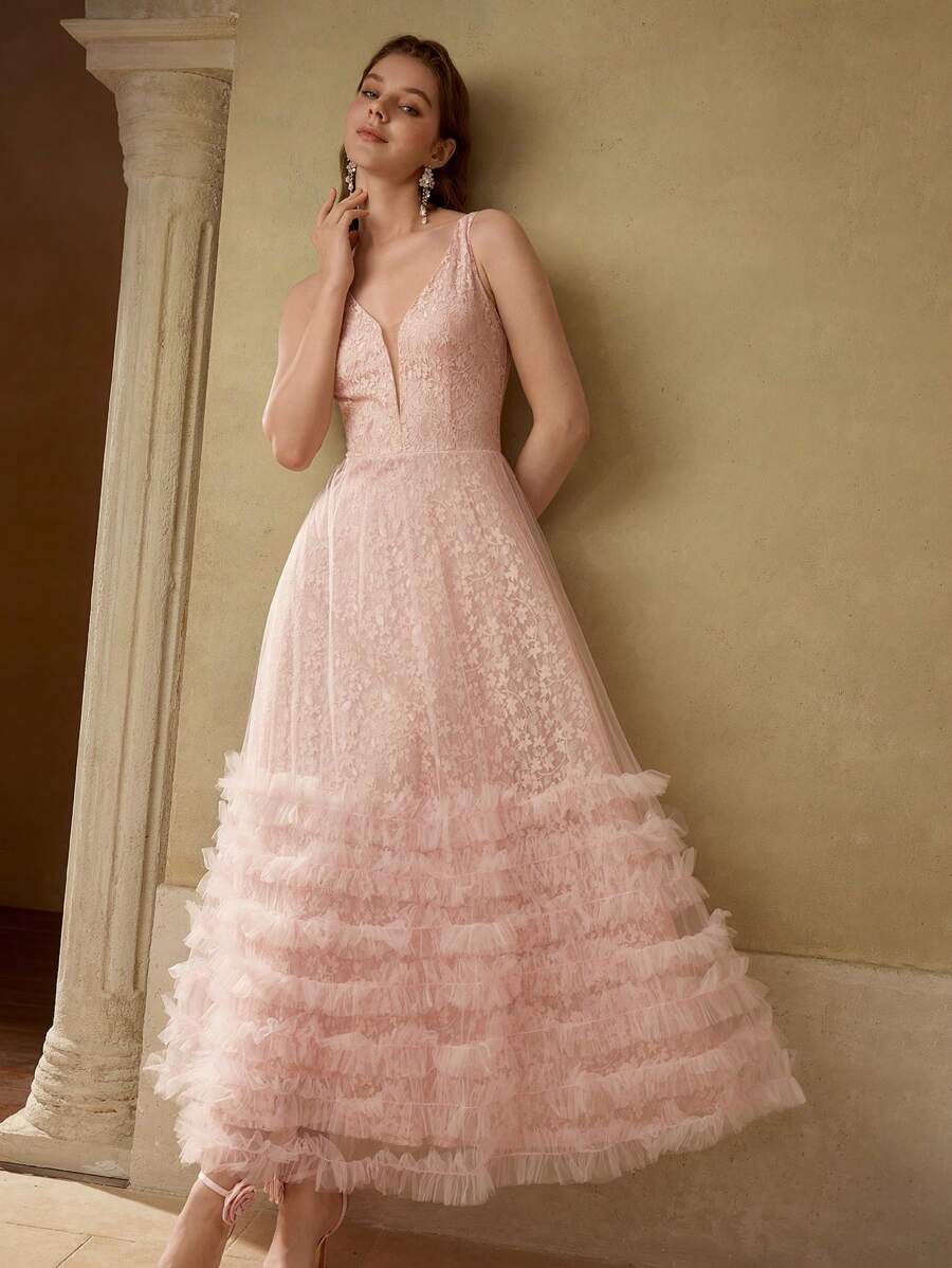 MOTF PREMIUM LACE MESH PANEL LAYERED RUFFLE HEM COCKTAIL DRESS - Baby Pink - View 1