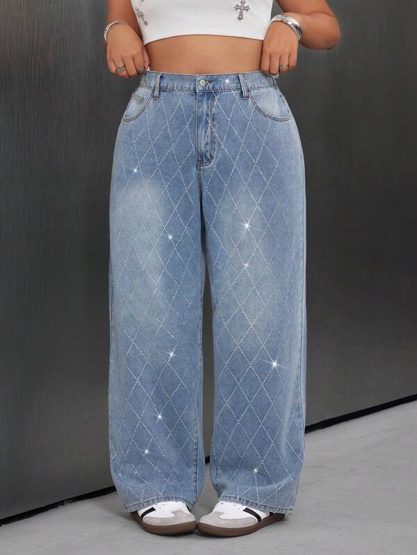 SHEIN ICON Blugi denim casual cu strasuri și cusături simple pentru femei, mărime plus