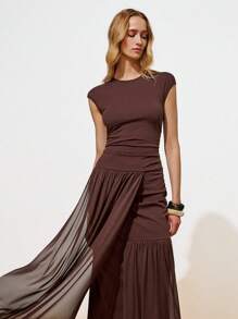 Lumivelle Women's Solid Color Round Neck Cap Sleeve Ruched Elegant Dress - Brown - View 4